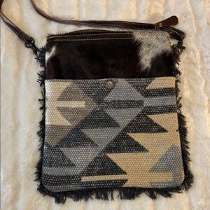 Stylish Myra Cowhide & Canvas Crossbody Bag Geometric Pattern With Fringe